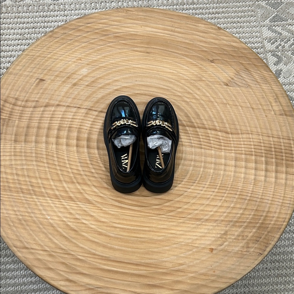 Zara Black Patent Loafers with Gold Chain Accent